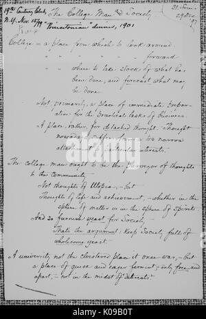 Notes for an address to be delivered November 15, 1899, before 19th Century Club in New York City on The College Man and Society, 1899. Stock Photo