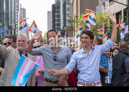 Montreal, CANADA - 20 August 2017. Canadian Prime Minister Justin Trudeau and Ireland Prime Minister Leo Varadkar take part in Montreal Pride Parade. Stock Photo
