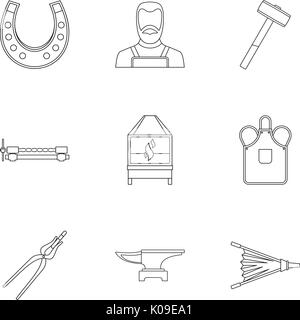 Blacksmith fireplace icon set, outline style Stock Vector