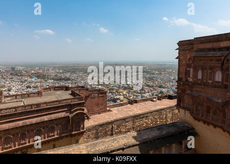 Wide angle picture from Mehrangarh Fort of the beautiful city of Jodhpur, the blue city of Rajasthan in India. Stock Photo