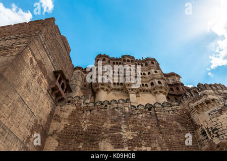 Wide angle picture upwards of the beautiful architecture of Mehrangarh Fort in Jodhpur, the blue city of Rajasthan in India. Stock Photo