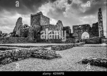 High contrast black and white image of the ruins of Hore Abbey, Cashel, county Tipperary, Ireland Stock Photo