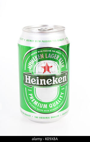 Heineken beer can on isolated white studio background. Stock Photo