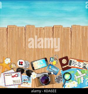 tropical travel object set on wood with sea Stock Vector