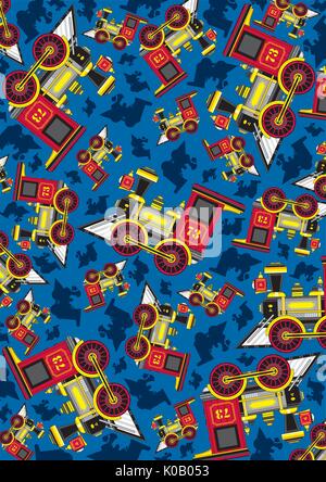 Cartoon Vintage Steam Train Patterned Vector Illustration Stock Vector