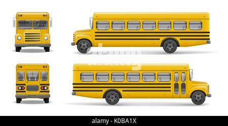 Yellow school bus front, back and side view. Transportation and vehicle transport, back to the school. Relistic bus mockup. Vector illustration Stock Vector