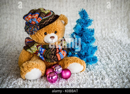 Christmas decoration. Teddy bear on a white background. Empty copy cpace Stock Photo