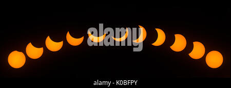 Stages of Partial Solar Eclipse, with a peak magnitude of 80 percent. Observed in Dallas, Texas on August 21, 2017. Stock Photo