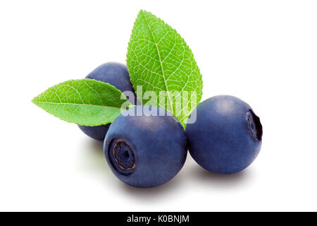 Blueberries with green leaves, isolated on the white background, clipping path included. Stock Photo