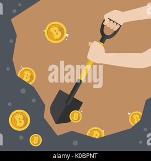 Hand hold shovel digging for bitcoin. Bitcoin mining concept Stock Vector