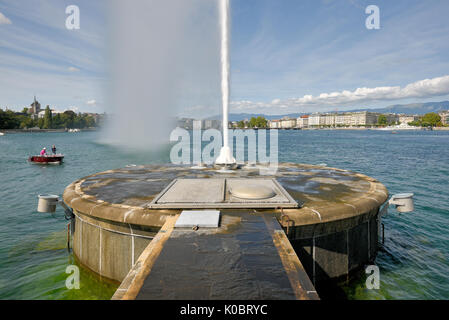 the water jet is the huge Fountain on the Geneva Lake, in the city of Geneva, Switzerland. Stock Photo