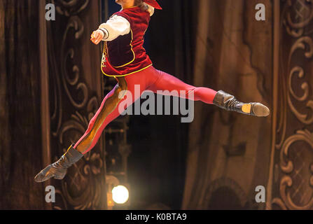 choreography, playing, staging concept. young male ballet dancer, depicted in the photo in midflight, wearing elegant bright costume for performance, red satin vest to match sweatpants Stock Photo