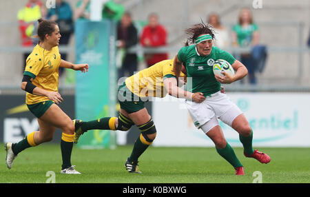 Ireland's Lindsay Peat tackled by Australia's Rebecca Clough during the 2017 Women's World Cup, 5th Place Semi Final match at the Kingspan Stadium, Belfast. Stock Photo