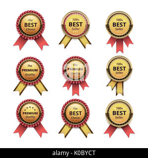 Vector Set of Top Quality Guarantee Golden labels with Red Scarlet Ribbons Close up Isolated on White Background Stock Photo
