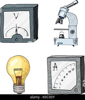 ammeter or voltmeter, microscope and light bulb. engraved hand drawn in old sketch and vintage symbols. calculations physics Back to School Elements of Science and laboratory experiments. Stock Vector