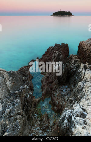 Early morning sight from the rocky shore in Vrsar, Istria in Croatia. Stock Photo