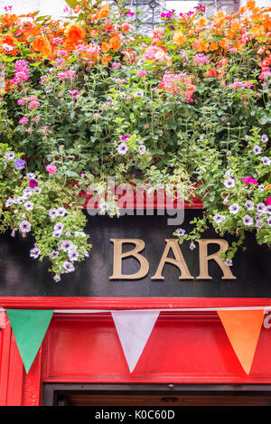 Bar sign with flowers and irish flag colors, irish pub concept in Dublin, Ireland Stock Photo