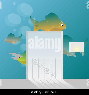 Balcony window view minimalism.Fishes under water wallpaper.Vector illustration Stock Vector
