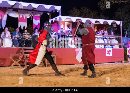 Alburquerque, Spain - august 19, 2017: Two knights fighting during Medieval  festival in Alburquerque, Extremadura, Spain Stock Photo