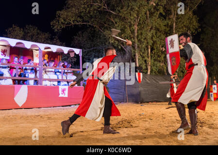 Alburquerque, Spain - august 19, 2017: Two knights fighting during Medieval  festival in Alburquerque, Extremadura, Spain Stock Photo