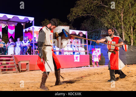 Alburquerque, Spain - august 19, 2017: Two knights fighting during Medieval  festival in Alburquerque, Extremadura, Spain Stock Photo