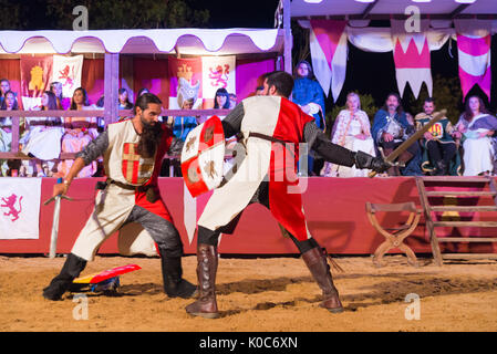 Alburquerque, Spain - august 19, 2017: Two knights fighting during Medieval  festival in Alburquerque, Extremadura, Spain Stock Photo