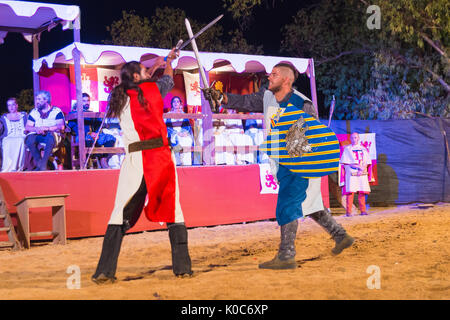 Alburquerque, Spain - august 19, 2017: Two knights fighting during Medieval  festival in Alburquerque, Extremadura, Spain Stock Photo