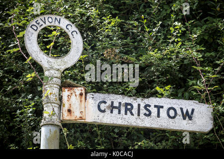 Sign for Christow,Devon County Council,pathway, footway, pavement, track, jogging track, trail, trackway, bridleway, bridle path, ride, riding, towpat Stock Photo