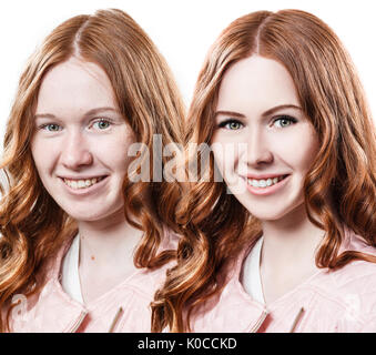 Redhead girl before and after retouch. Stock Photo