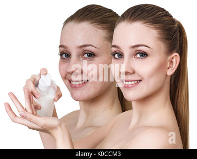 Young woman holding jar of cream. Stock Photo