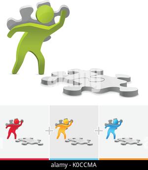 3D vector stick figure putting together a puzzle pieces Stock Vector