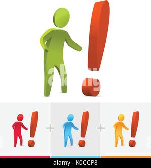 3D vector stick figure surprised by big exclamation mark Stock Vector