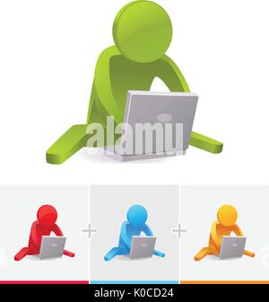 3D vector stick figure  sitting on the floor while operating a notebook or laptop Stock Vector