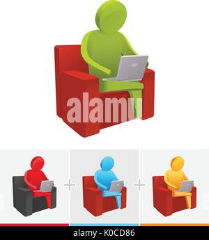 3D vector stick figure  browsing through internet while sitting on a sofa Stock Vector