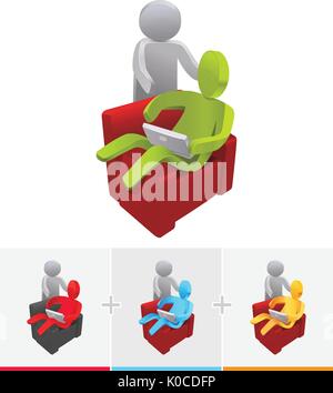 3D vector stick figure  pointing toward to a laptop and discussing with colleague Stock Vector