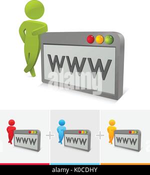 3D vector stick figure  leaning on  browser box with www written on it. Stock Vector