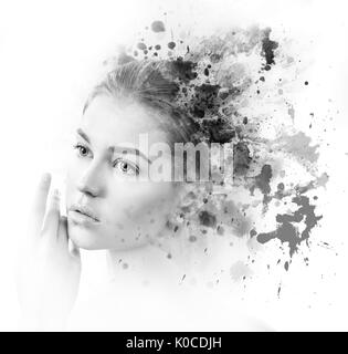 Double exposure of young woman and blots Stock Photo