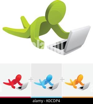 3D vector stick figure accessing internet through laptop Stock Vector