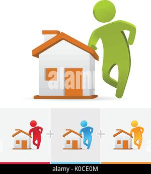 3D vector stick figure standing and leaning to his brand new house Stock Vector