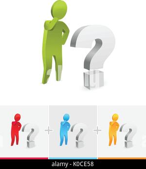3D vector stick figure  thinking and standing next to question mark Stock Vector