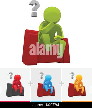 3D vector stick figure thinking and sitting on red sofa with question mark Stock Vector