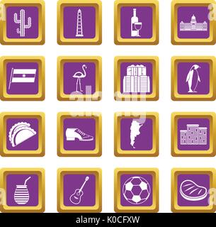 Argentina travel items icons set purple Stock Vector