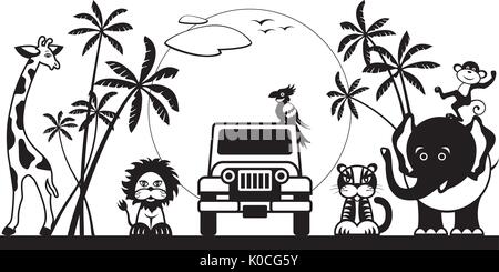 Safari in jungle with wild animals - vector illustration Stock Vector