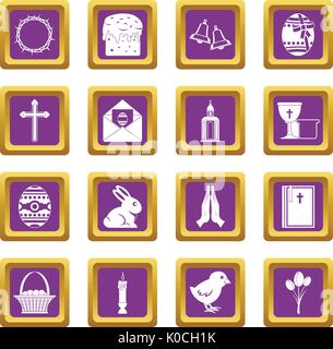 Easter items icons set purple Stock Vector