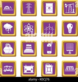 Energy sources items icons set purple Stock Vector