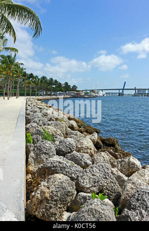 A view from the rocks alongside Bayfront park which overlooks Biscayne Bay in Miami Stock Photo