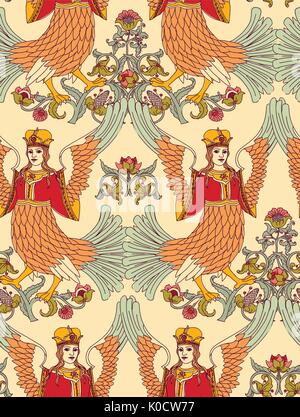 Old Slavic vintage ornament bird seamless pattern. Stock Vector
