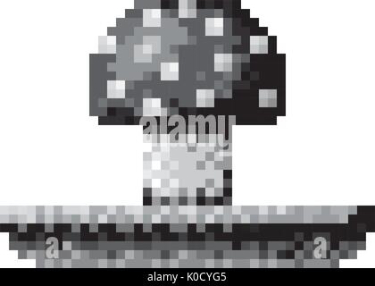monochrome pixelated mushroom in meadow Stock Vector