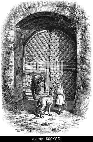 1870: Children and a dog in front of the gate of Chepstow Castle in Monmouthshire, Wales. It is the oldest surviving post-Roman stone fortification in Britain. Located above cliffs on the River Wye, construction began in 1067. By the 16th century its military importance had waned and parts of its structure were converted into domestic ranges. Although re-garrisoned during and after the English Civil War, by the 1700s it fell into decay. Stock Photo