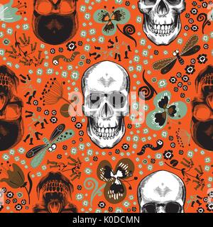Cute seamless pattern with human skulls drawn in vintage engraving style, cartoon green and brown flowers, butterflies and worms against orange background. Vector illustration for textile print. Stock Vector